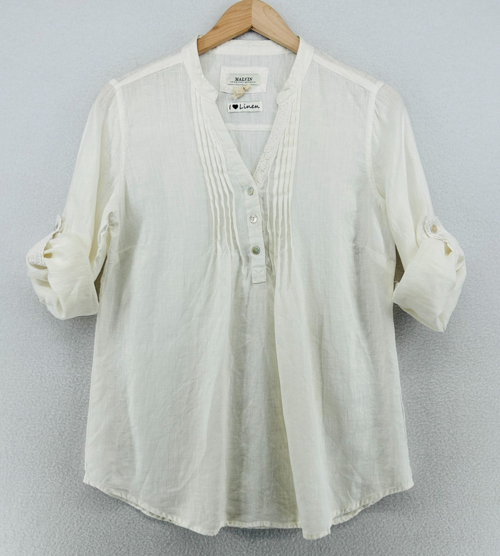 MALVIN Top M 8 I Love Linen Tunic Shirt Pintuck Popover Roll Tab Off White